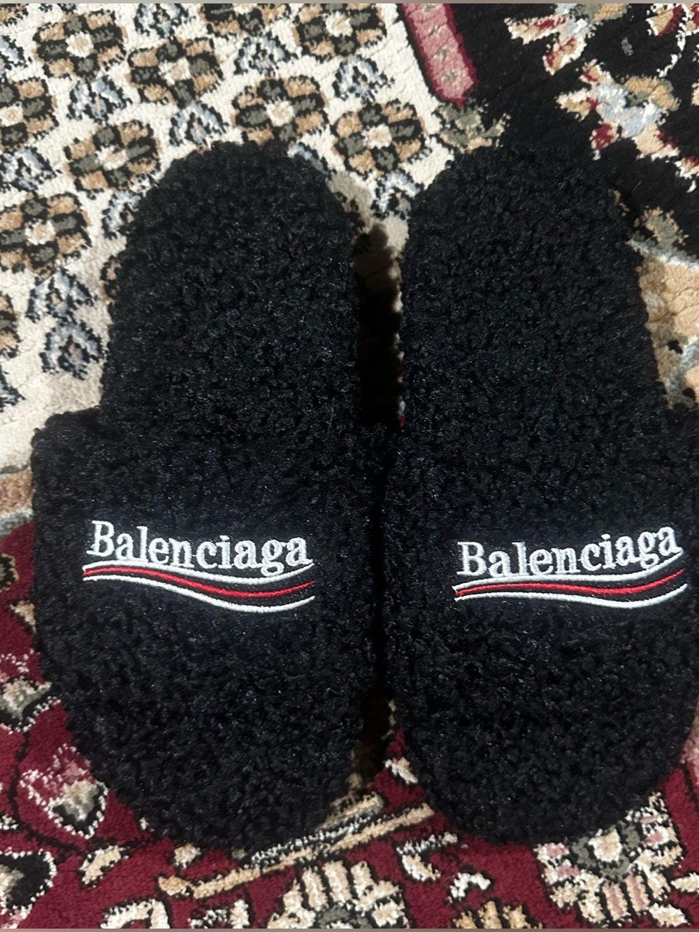 Balenciaga Black Fur Slide Slippers with Red & White Accent
